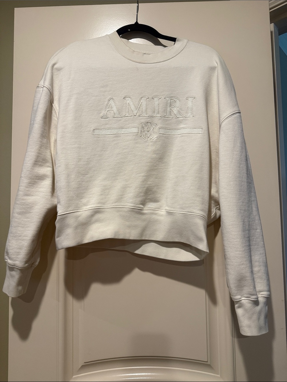 AMIRI Cream Embroidered Cropped Crewneck Sweatshirt